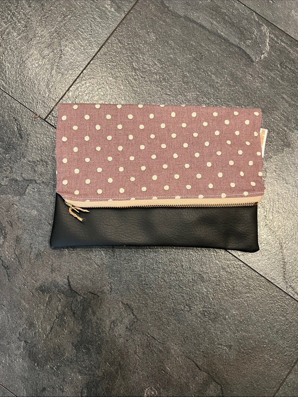 Polka Dot Fold-Over Clutch - Purpleand Black